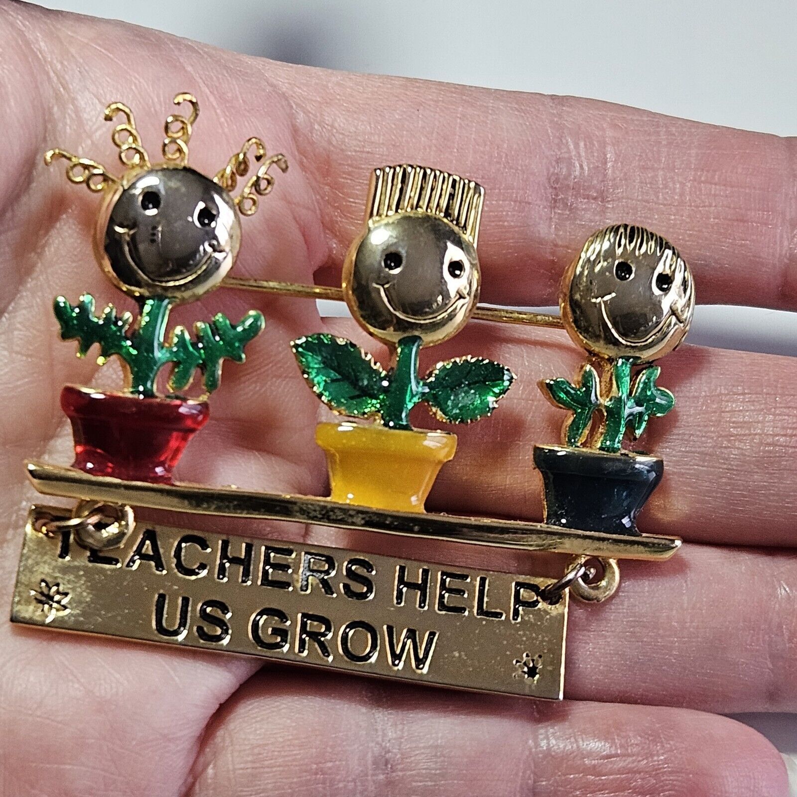 *Sale* Vintage Goldtone Brooch Teachers Help Us Grow Enameled Flowers Danecraft
